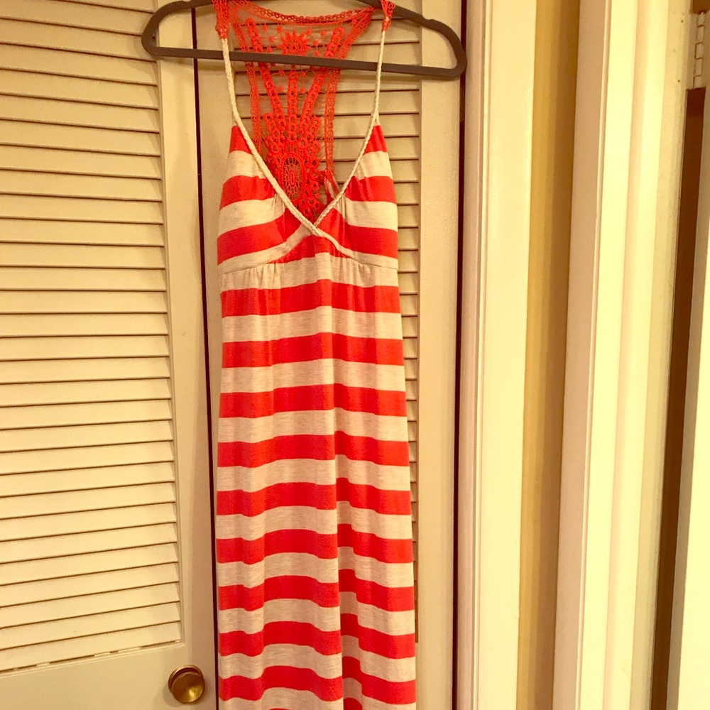 Hi lo striped dress with crochet detail